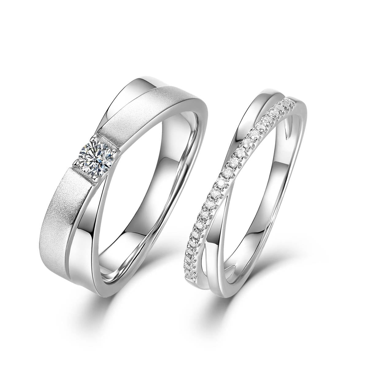 X-Shaped Matching Rings:  Moissanite Silver Ring